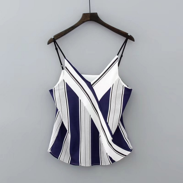 Fashion Vertical Stripe V-neck Harness Shirt Vest Top