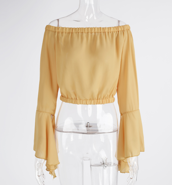 Yellow Chiffon Off-the-shoulder Long Flare-sleeved Cropped Top