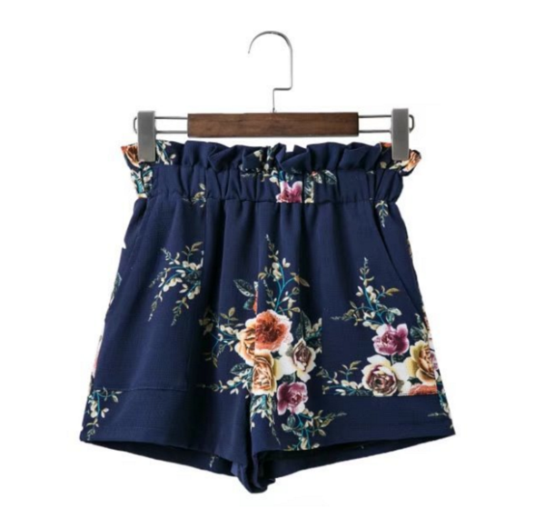 Blue Chiffon Floral Print Ruffled Elasticised Shorts
