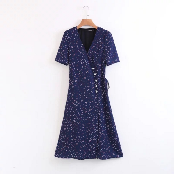 Blue V-neck Summer Wrap Midi Dress With Polka Dots And Short Sleeves