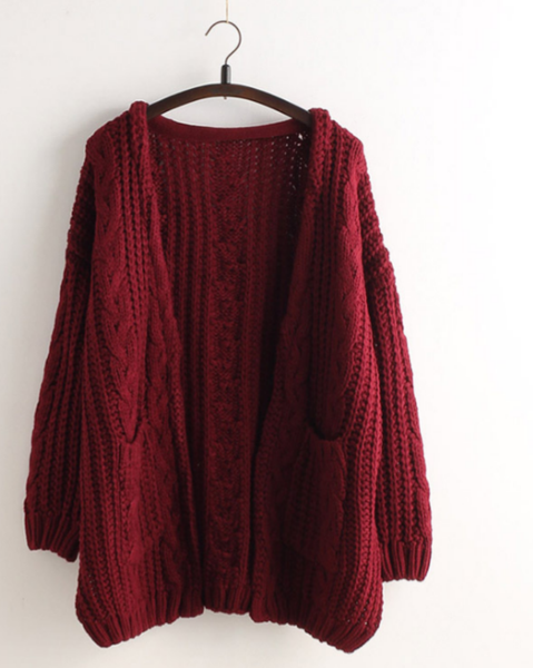 Cardigan Loose Sweater Pocket Buttoned Sweater Jacket Wine Red