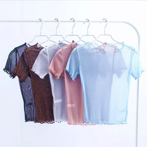 In The Spring Of The Round Collar Short Sleeve Perspective Female T-shirt Shiny Sheer Top