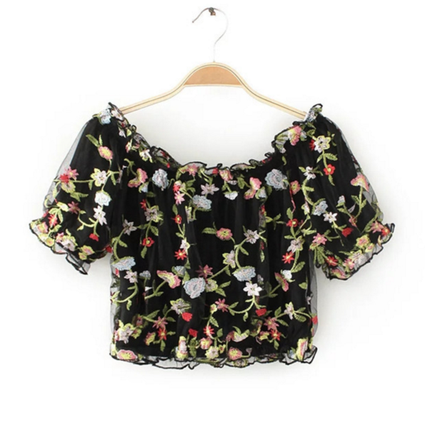 Black Floral Embroidered Ruffled Off-the-shoulder Short-sleeved Mesh Top