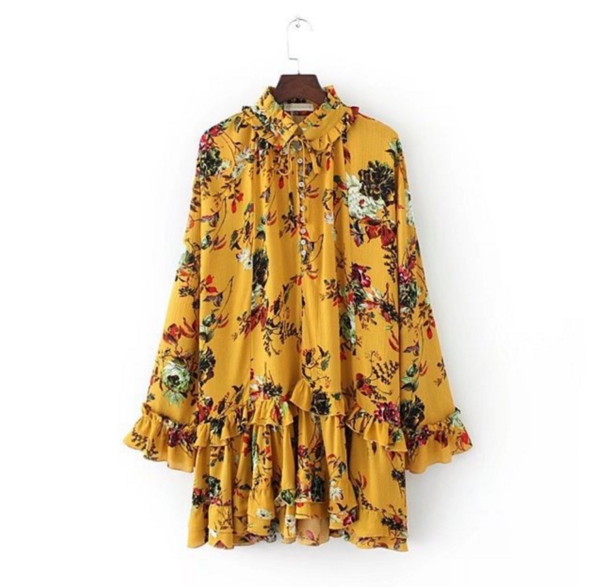 Mustard Yellow Floral Print Ruffled Long Sleeved Short Shift Dress Featuring Collared Neckline