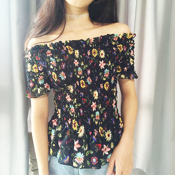 Floral Embroidered Ruffled Chiffon Off-The-Shoulder Peplum Top 