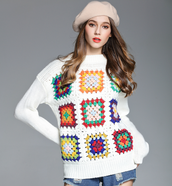 Autumn And Winter Knitted Sweater With Crochet Patchwork Pattern