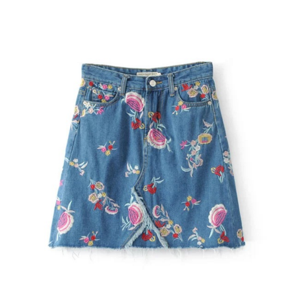 Floral Embroidered Short A-line Denim Skirt Featuring Frayed Hem