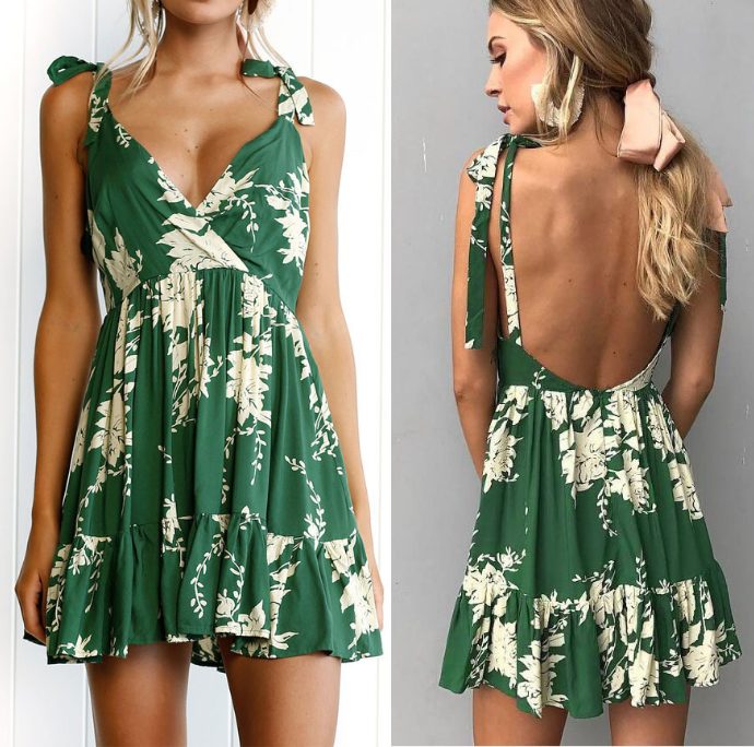 Green Ruffle Floral Printed V Neckline Backless Short Summer Dress