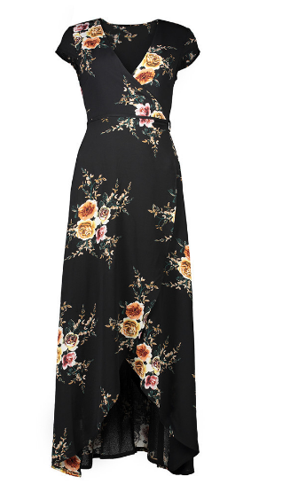Plunging V Neck Floral Print Maxi Dress With Short Sleeves