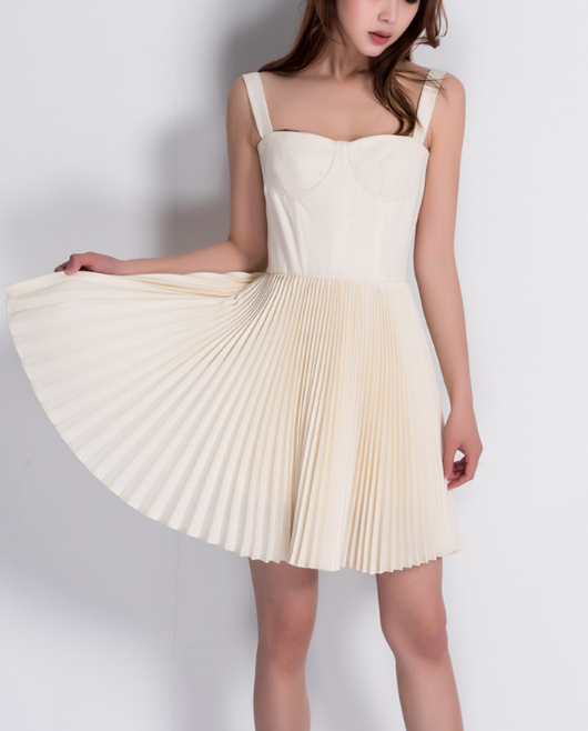 Fishbone, Beige Pleated Dress, Small Dress, High Waist Sling Skirt