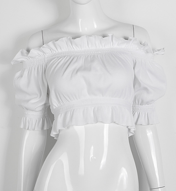White Off The Shoulder Ruffles Hemline Short Sleeves Crop Top Blouse on
