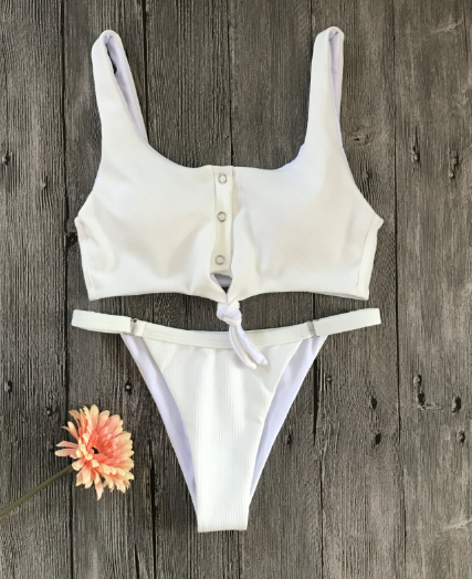 Knot bikini on the chest new women's sexy swimwear solid color special fabric with button swimwear - white