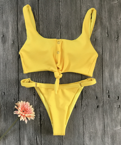 Knot bikini on the chest new women's sexy swimwear solid color special fabric with button swimwear - yellow