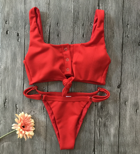 Knot bikini on the chest new women's sexy swimwear solid color special fabric with button swimwear - red