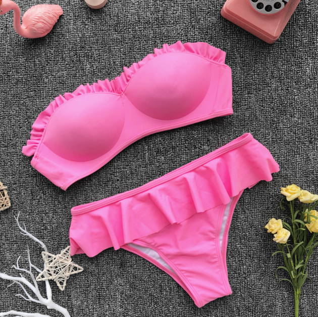 Bikini Style With Flounces, Solid Color Hardcover Women Feel - Pink