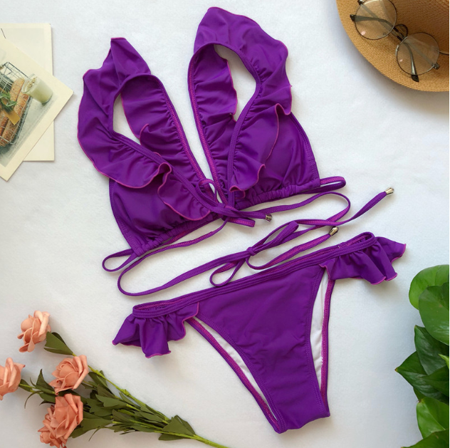 Hot style swimwear solid colors flounces bikini lace - purple