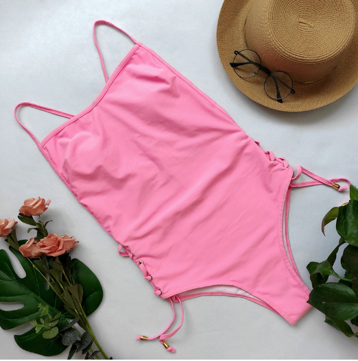 One-piece Swimsuit Style Solid Color Eyedrop Bikini - Pink