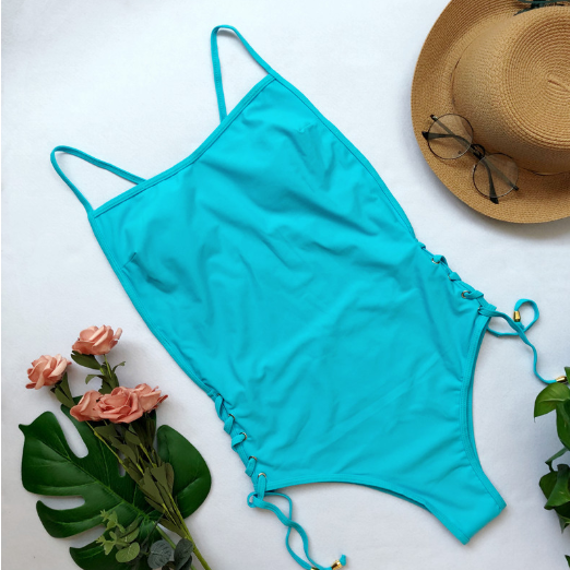 One-piece Swimsuit Style Solid Color Eyelet Lace Bikini - Blue