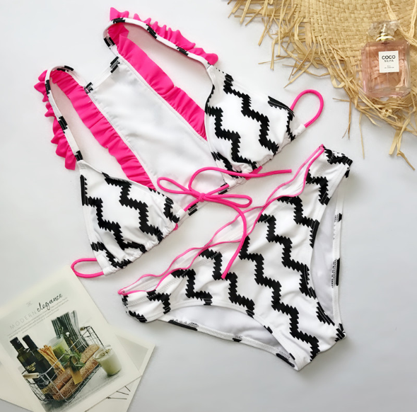 Striped-split Swimsuit Ladies' Sexy Lace Bikini Print Ruffled Edge Swimsuit