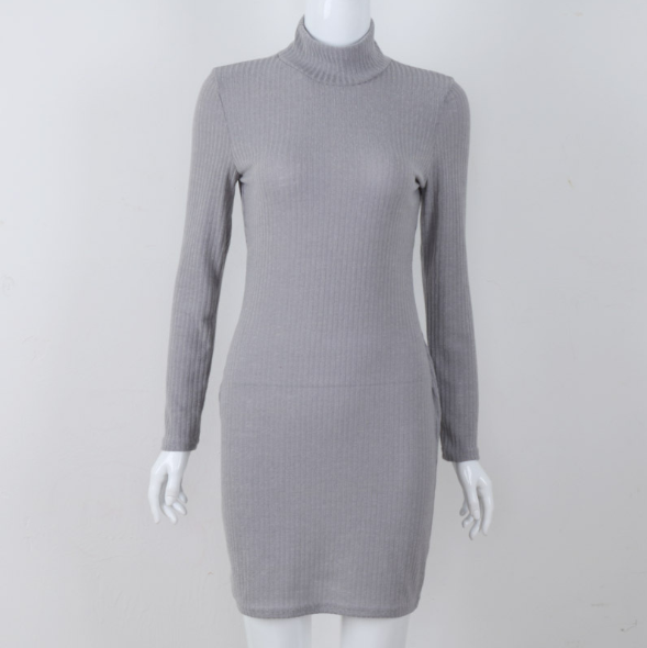 Autumn winter new high collar xiushen pit of pure color wool long sleeve dress