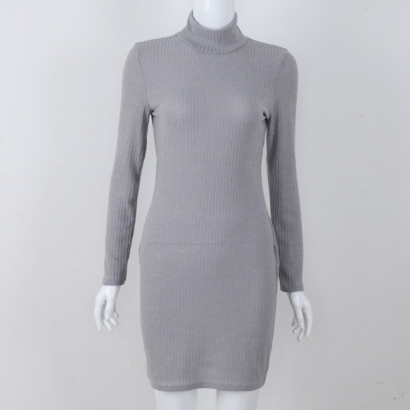 Autumn Winter High Collar Xiushen Pit Of Pure Color Wool Long Sleeve Dress