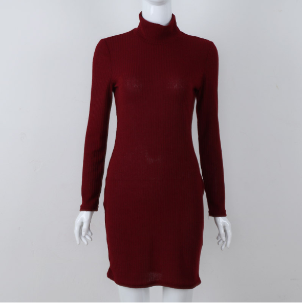 Autumn Winter High Collar Xiushen Pit Of Pure Color Wool Long Sleeve Dress