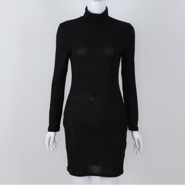 Autumn Winter High Collar Xiushen Pit Of Pure Color Wool Long Sleeve Dress