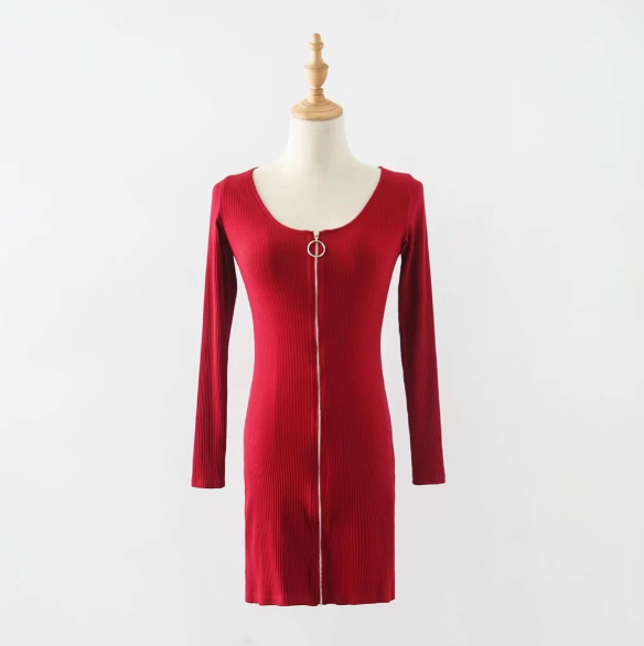 Long Sleeved Dress For Women's Autumn And Winter Wear With Round Collar And Slim Zipper Wrap