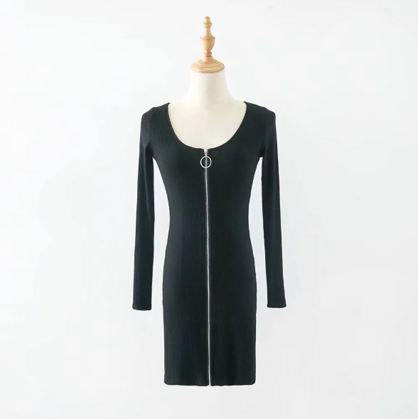 Long Sleeved Dress For Women's Autumn And Winter Wear With Round Collar And Slim Zipper Wrap