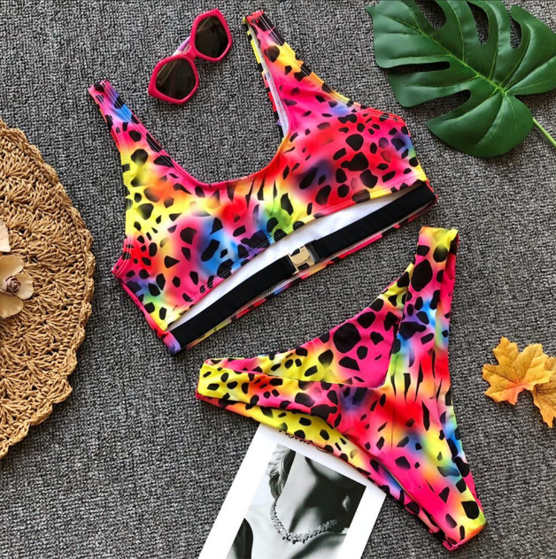 Style Bikini-women Split Swimsuit Leopard Print Bandages