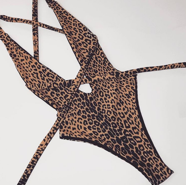 Women's Bikini Leopard Print Hollow Lace Banding Swimsuit