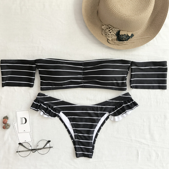 Women's Striped Bikini Style Split Swimsuit With Cuff Hem