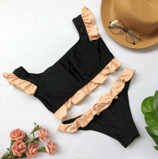 The Solid Color Fission Swimsuit Sleeve Lotus Leaf Lace Bikini Sexy Swimsuit