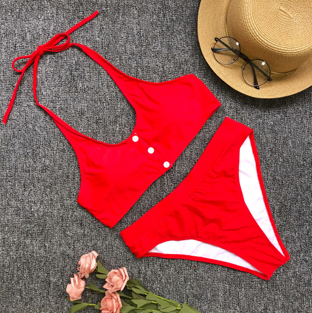 Pure Color High-waisted Bikini Button Swimsuit Beach Bathing Suit