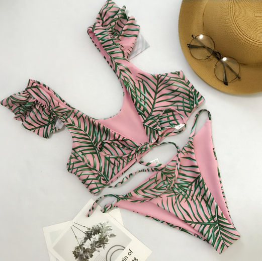 Double Fabric Lady Swimsuit Bamboo Printing Bikini Fission Bind