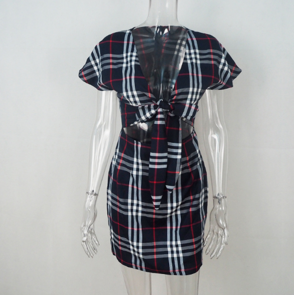 Women's V-neck Check Dress With Bows