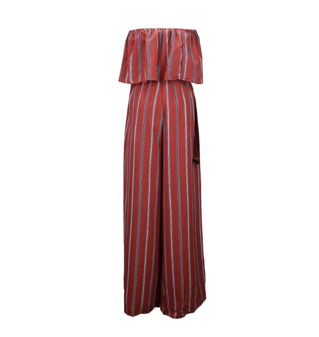 Striped Pantsuit With One Shoulder Shoulder, Chiffon Top, And Wide-leg Pants With Side Slit