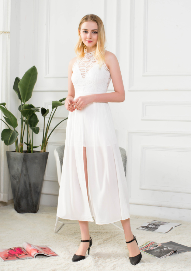 The Sheer Lace Dress Features A Slim, Sleeveless, Sexy Pant Skirt With A High Waist
