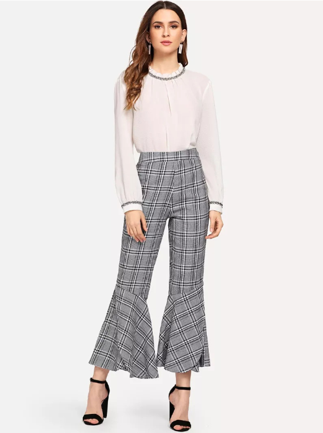 Style Retro Plaid Casual Pants Show Thin Flared Trousers