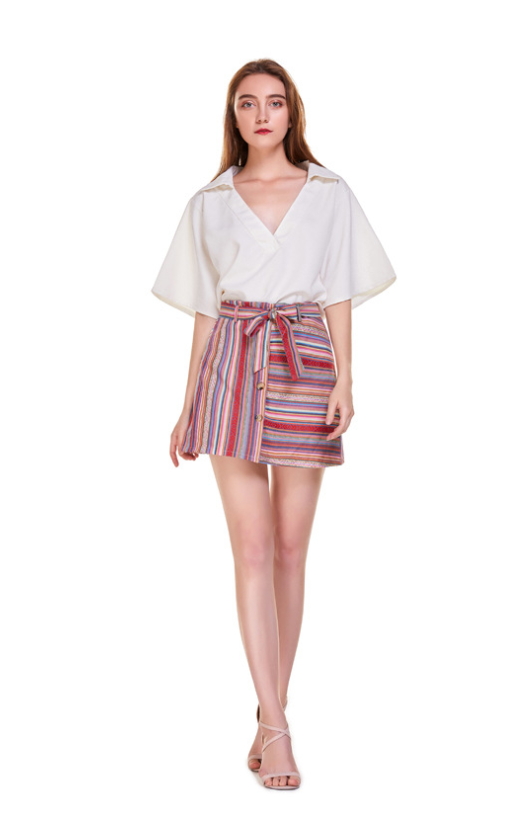 High-waisted A-line Skirt With Cotton And Hemp Horizontal And Vertical Stripes