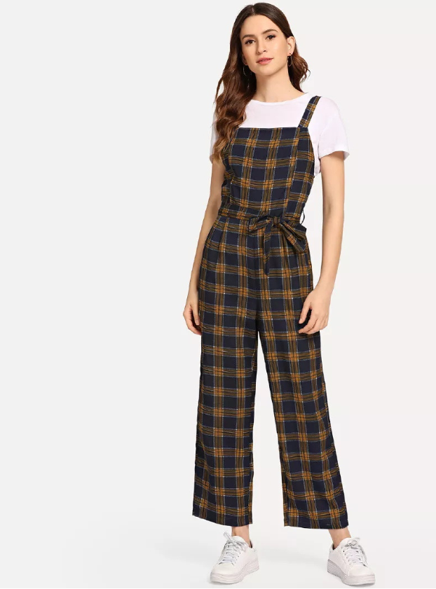 Plaid Suspender Pants Women's Wide-leg Pants Suspender Jumpsuit