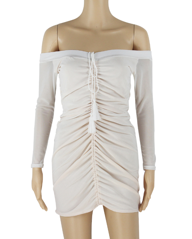 Style Mesh Fringed Long-Sleeved Dress with Pleated Bodice and Sexy Wrap-Around Skirt