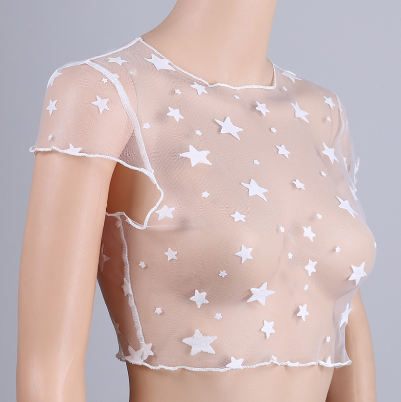Style Transparent Sexy Lace Star Embroidery Mesh Short Style Crop Vest