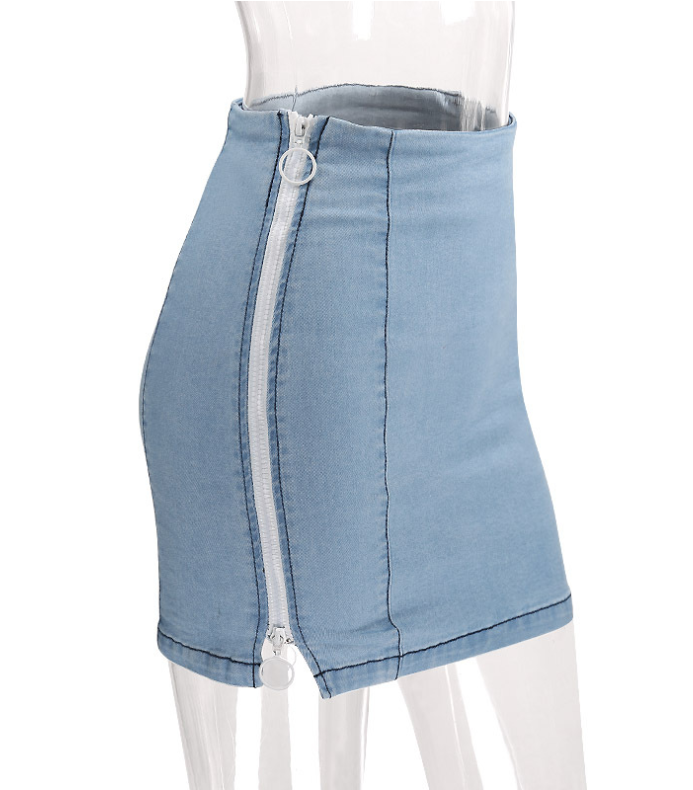Hot style side zipper sexy patchwork irregular denim skirt