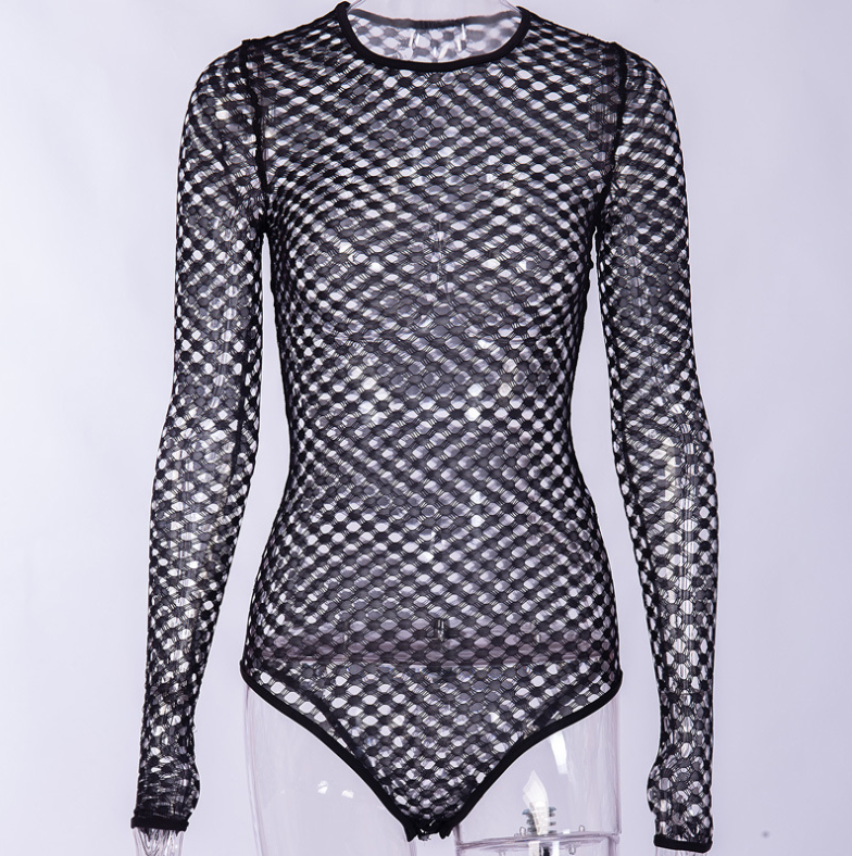 Style Sexy See-through Outfit Mesh Hollow Nightclub Trend Show Body Jumpsuit