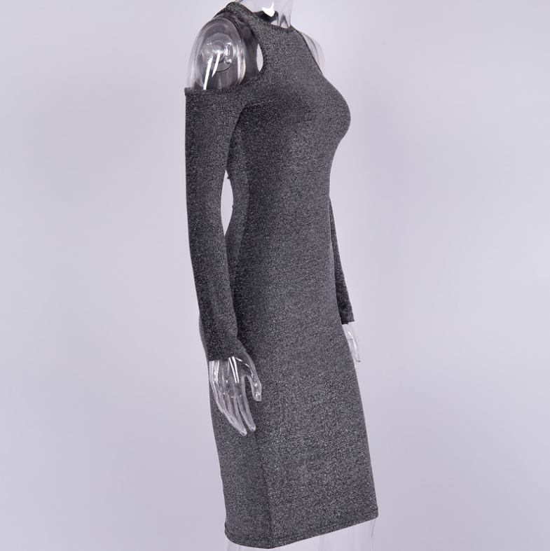 Style Buttock Wrap Dress Silver Fillet Shoulder Long Sleeve Midi Dress Plastic Nightclub Dress