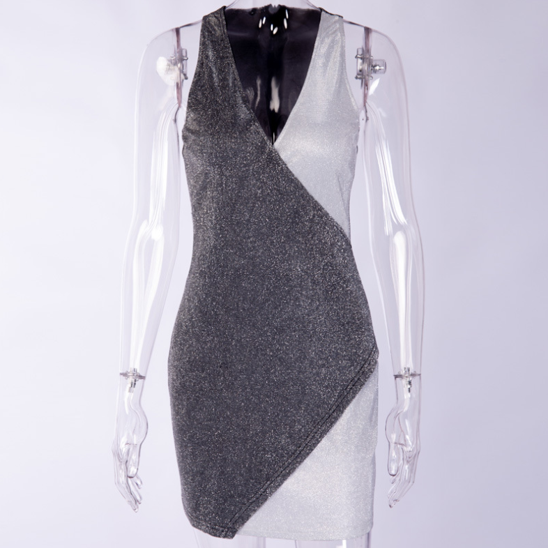 Style Patchwork Dress Silver Sleeveless Zip Slim Deep V Sexy Wrap Skirt