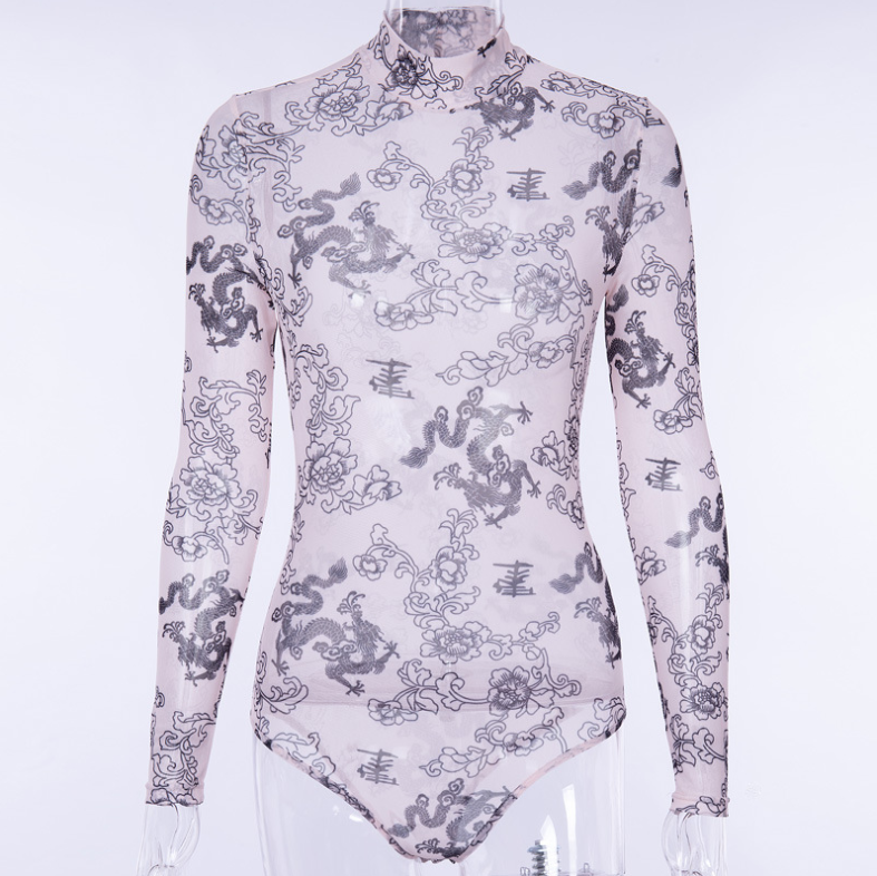 Long Sleeve Jumpsuit See-through Peony Dragon Pattern Close To Skin Tone Show Body Temperament Leotard Unlined Upper Garment