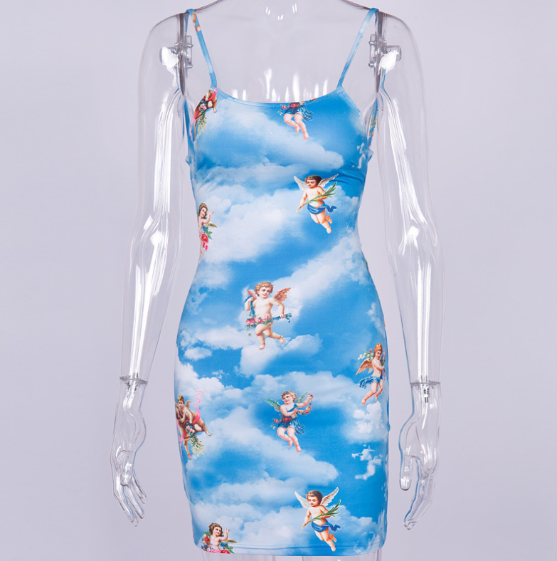 Style Strappy Dress Milk Silk Cupid Pattern Backless Strappy Slim Plastic Wrap Buttock Dress