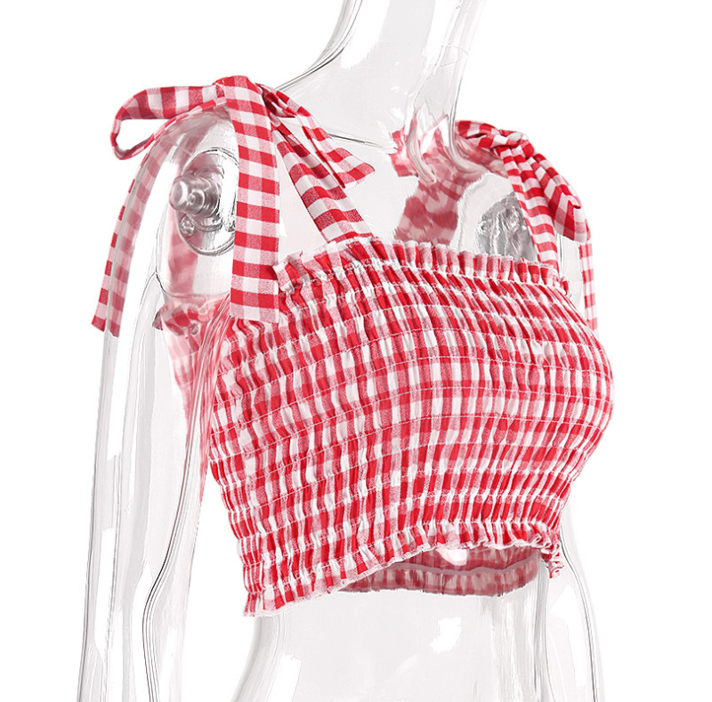 Style Ladies' Matting Club Sexy Elastic Plaid Tank Tops With Breast Straps